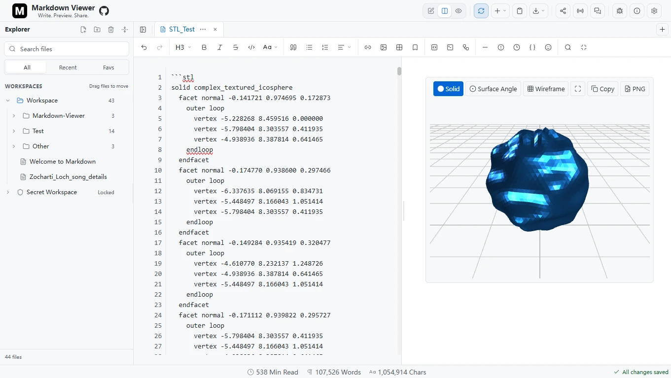 STL source in the editor alongside a blue three-dimensional model on a grid in the preview.