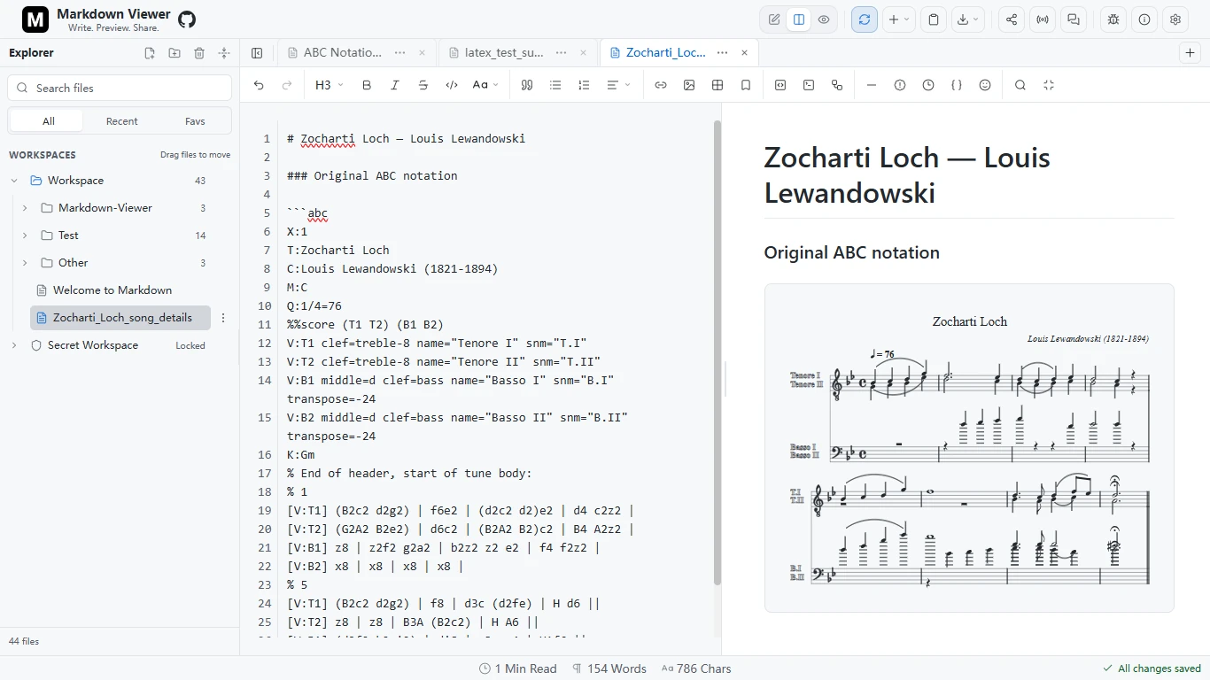 ABC music notation source beside a rendered multi-part musical score in Markdown Viewer.