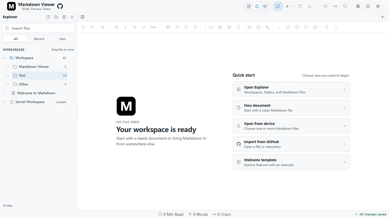 Markdown Viewer showing its document Explorer, Workspace and locked Secret Workspace alongside the Quick start screen.